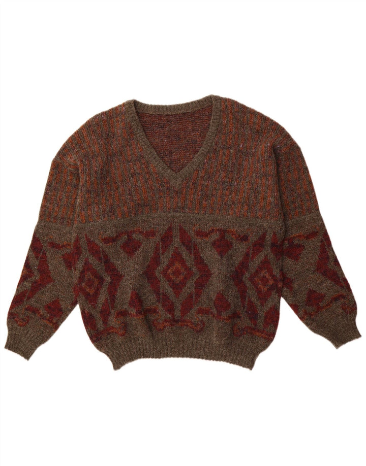 VINTAGE muški džemper s V-izrezom IT 48 Srednje smeđi Argyle/Diamond