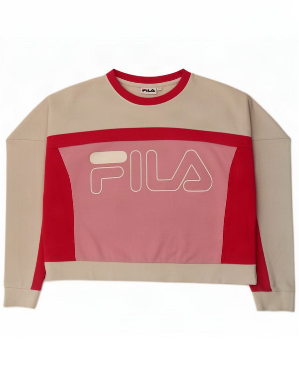 Fila Womens Crop Graphic Sweatshirt Jumper UK 14 Medium Pink Colourblock