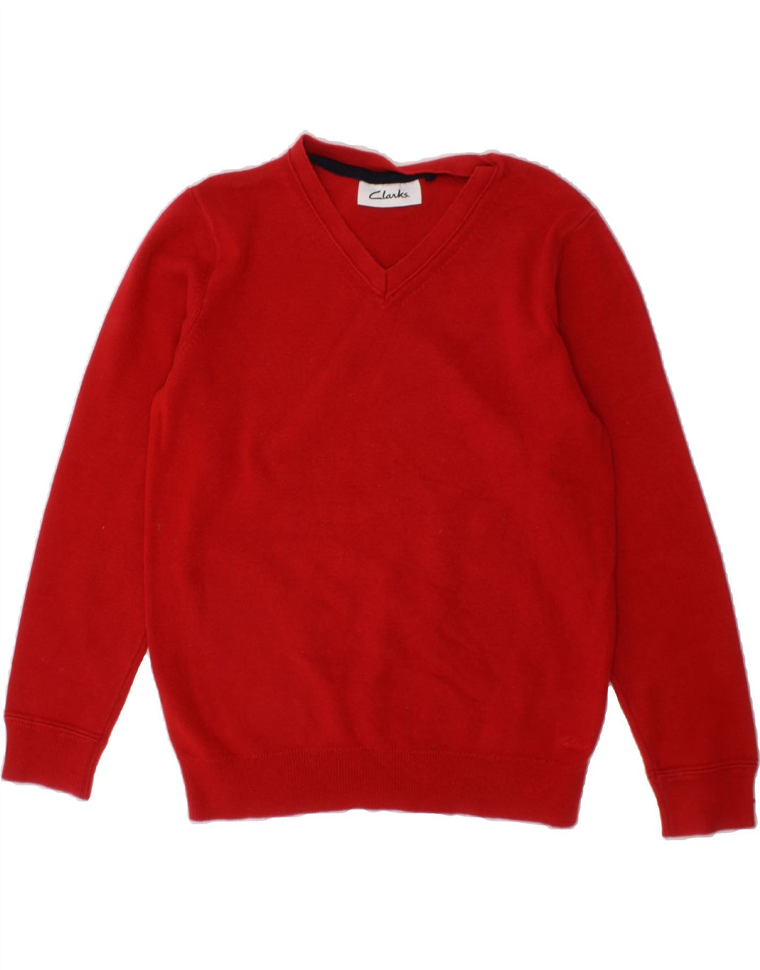CLARKS Boys V-Neck Jumper Sweater 8-9 Years Red Cotton Vintage Clarks and Second-Hand Clarks from Messina Hembry 