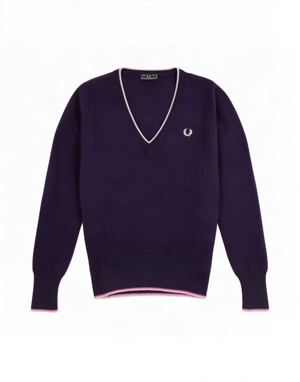 Fred Perry Ženski džemper s V-izrezom UK 8 Mali tamnoplavi vuneni