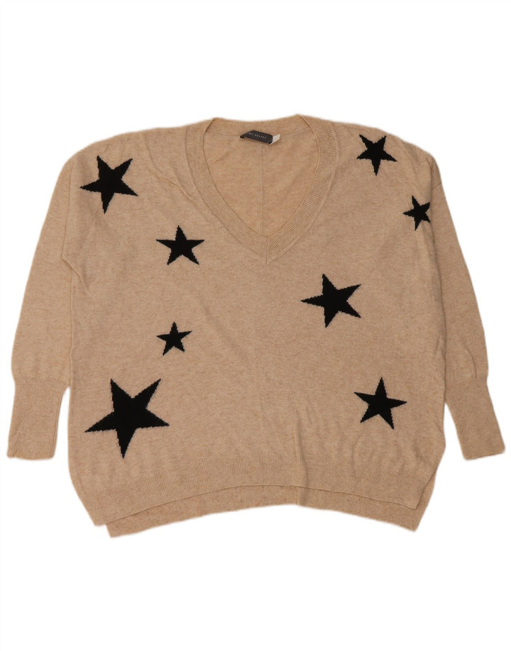 MINT VELVET Ženski pulover s apstraktnim uzorkom s V-izrezom UK 10 Small Beige