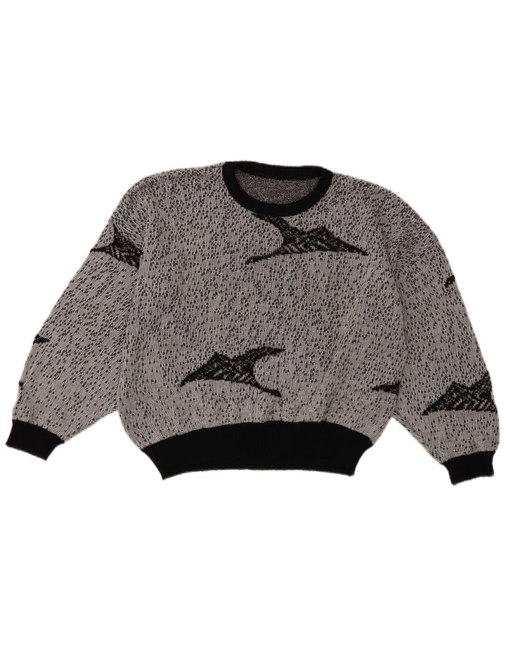 Vintage ženski kratki džemper s apstraktnim uzorkom s okruglim izrezom UK 18 XL sivi