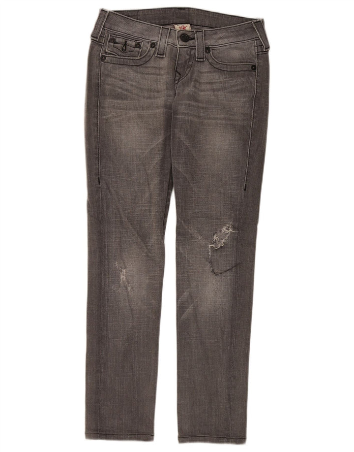 True Religion Ženske otrcane uske traperice W26 L29 sivi pamuk