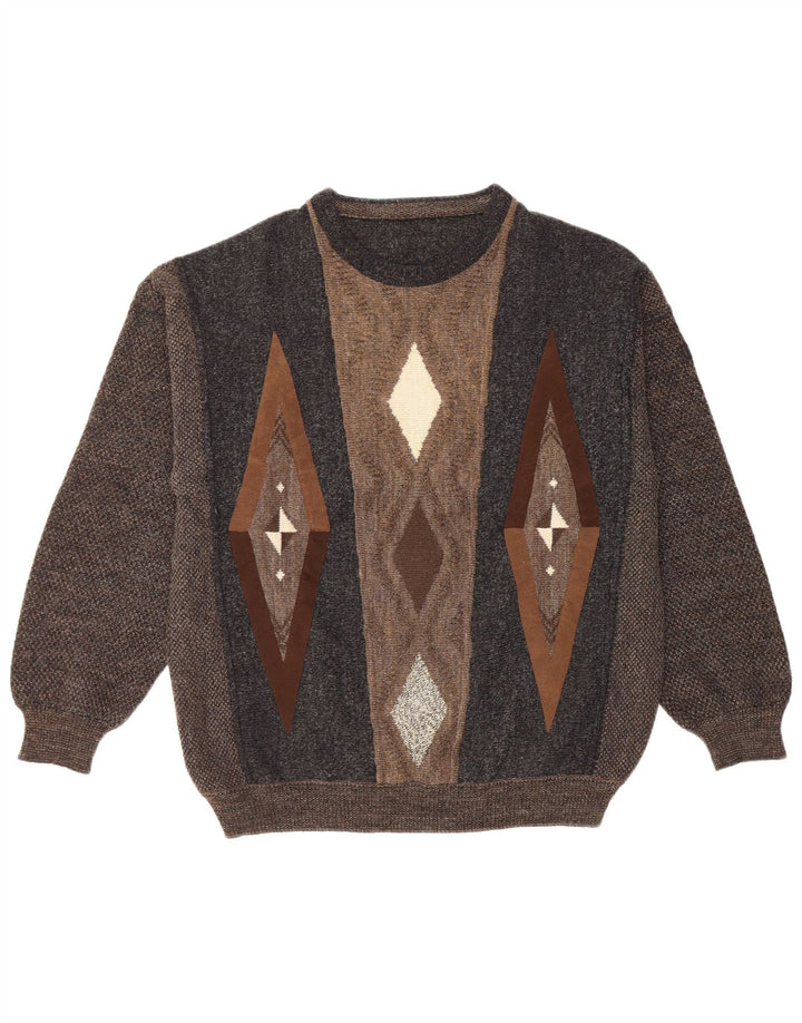 VINTAGE muški džemper s okruglim izrezom IT 50 Veliki smeđi geometrijski vuneni