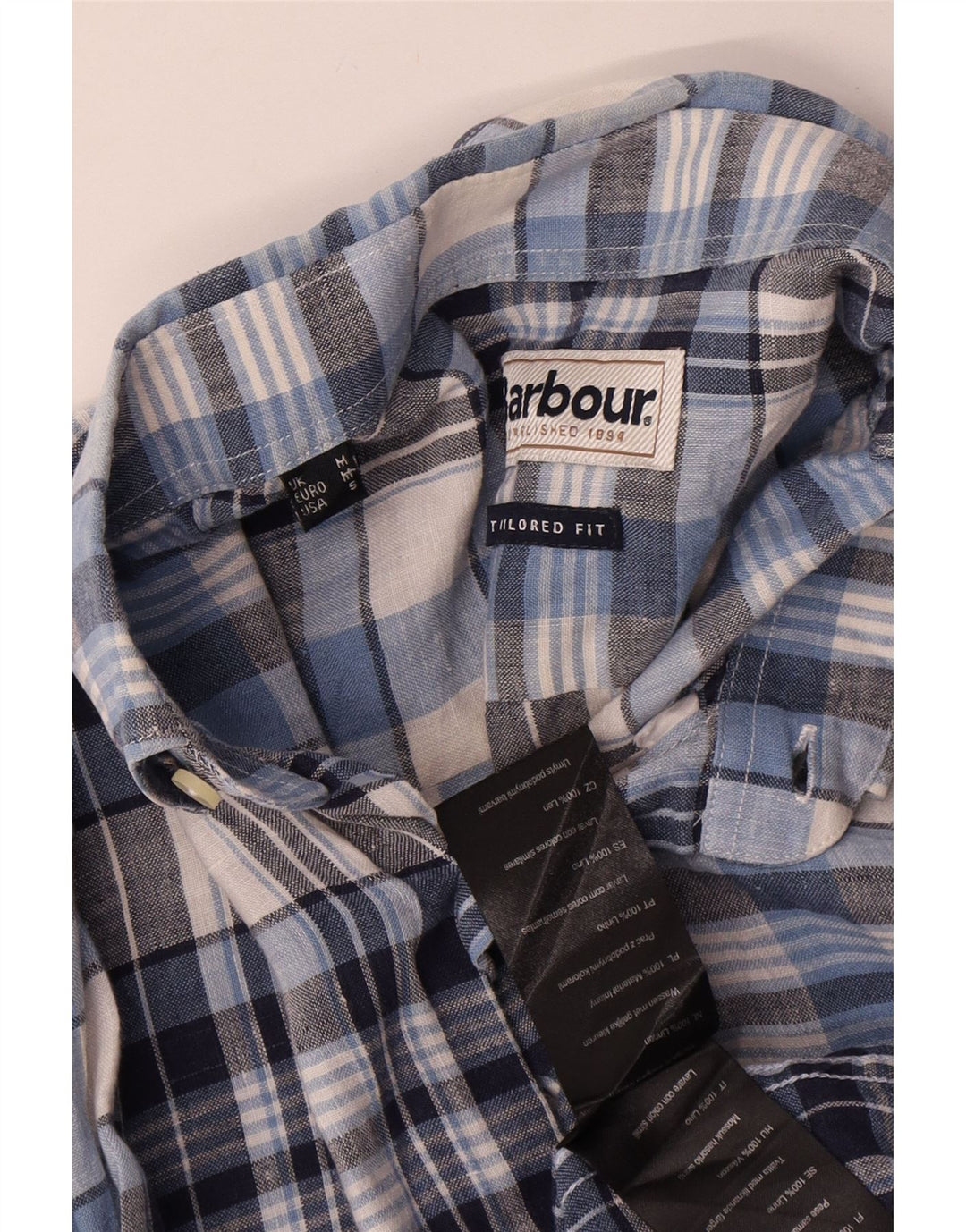 BARBOUR Muška krojena košulja plavog kariranog lana srednje veličine