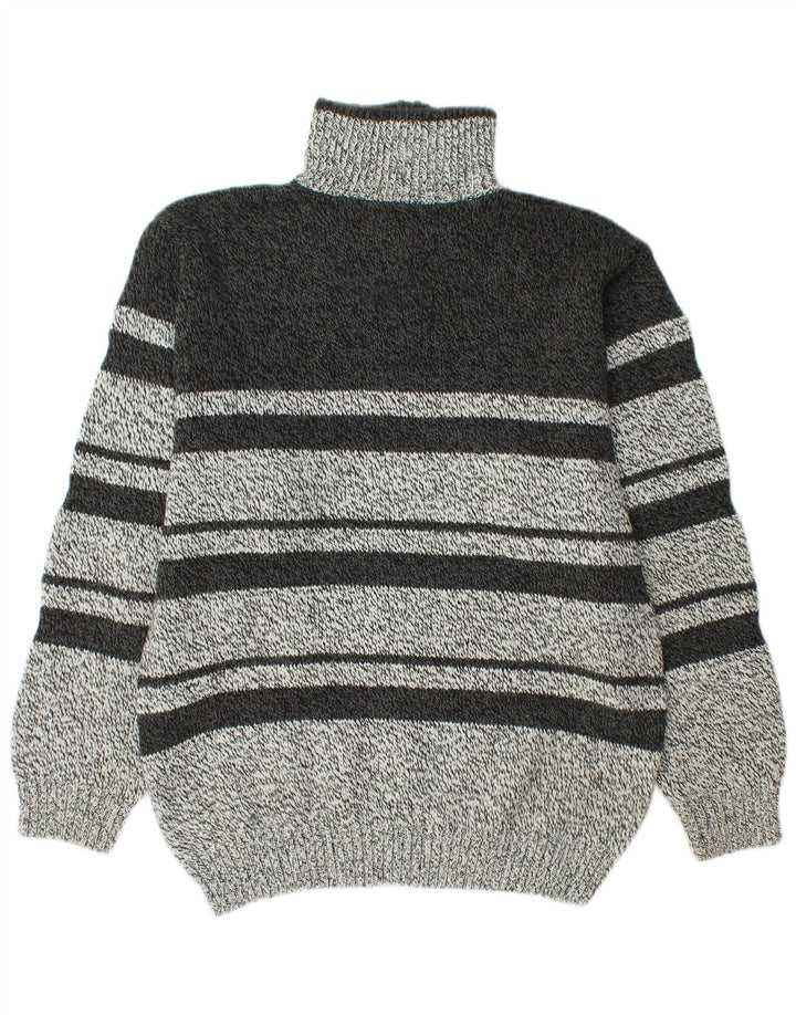 Vintage muški džemper s izrezom i srednje sivim prugama od akrila