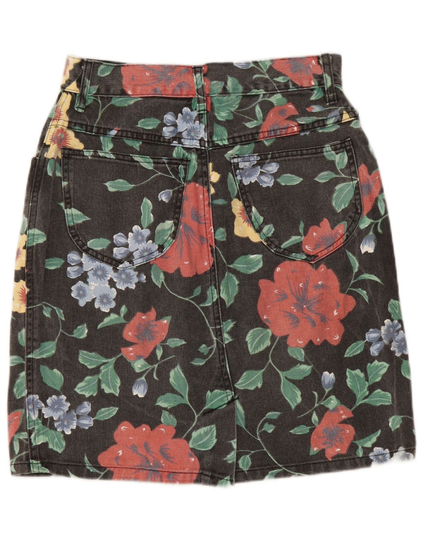 Vintage ženska traper suknja UK 12 srednje W28 crni cvjetni pamuk