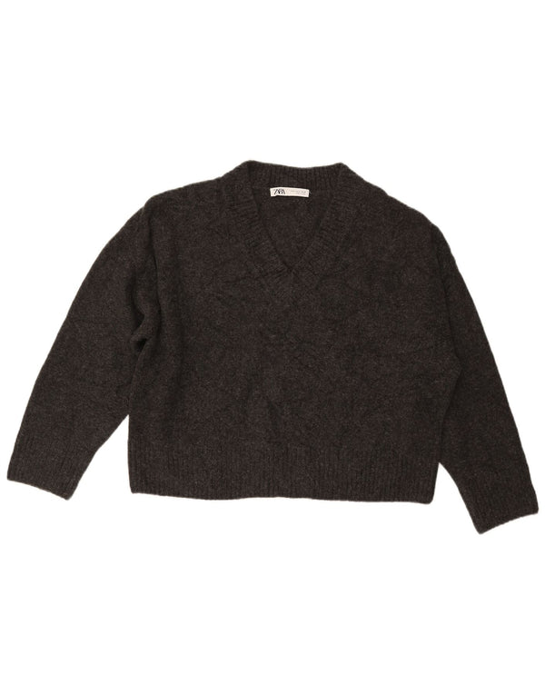 ZARA ženski veliki kratki džemper s V-izrezom UK 10 Mali sivi