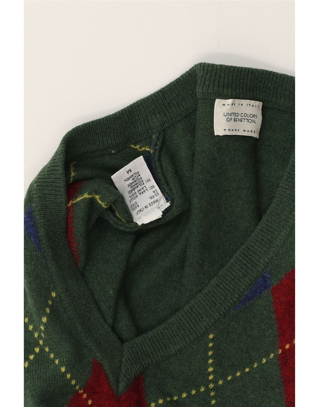 BENETTON Muški džemper s V-izrezom Srednje zeleni Argyle/Diamond Wool