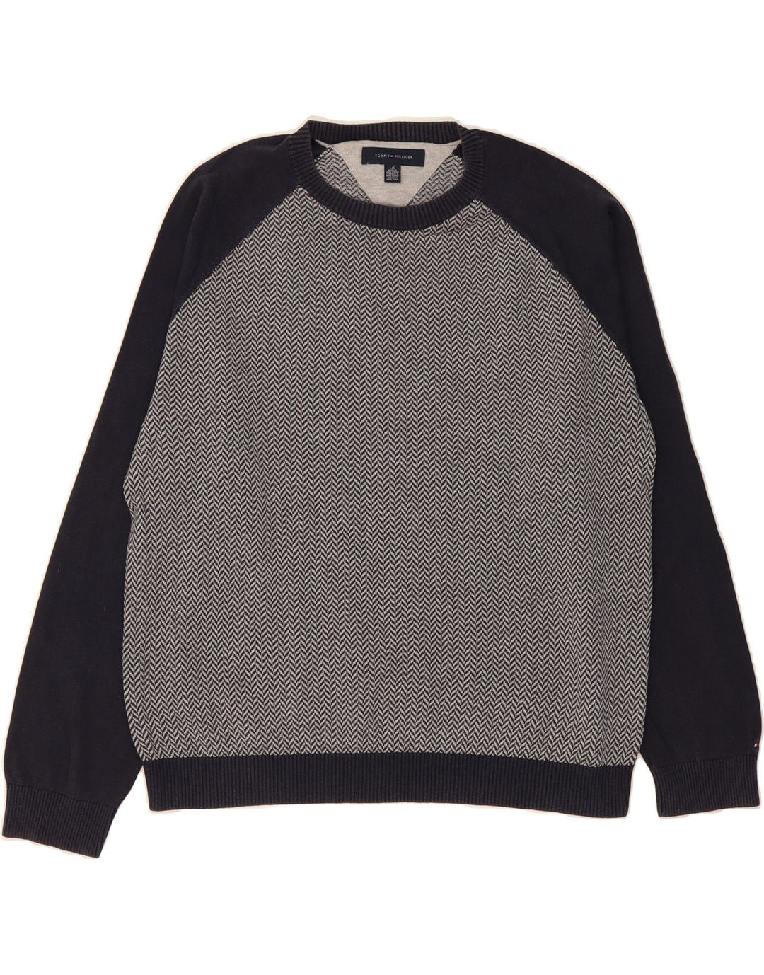 TOMMY HILFIGER Mens Crew Neck Jumper Sweater Large Navy Blue Herringbone Vintage Tommy Hilfiger and Second-Hand Tommy Hilfiger from Messina Hembry 