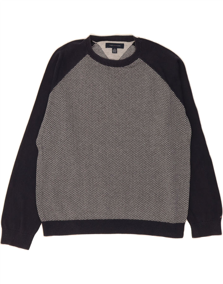 TOMMY HILFIGER Mens Crew Neck Jumper Sweater Large Navy Blue Herringbone Vintage Tommy Hilfiger and Second-Hand Tommy Hilfiger from Messina Hembry 