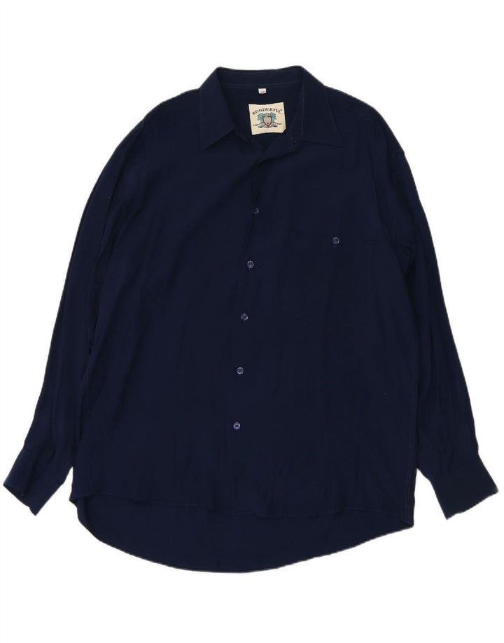 VINTAGE Mens Shirt Medium Navy Blue Viscose
