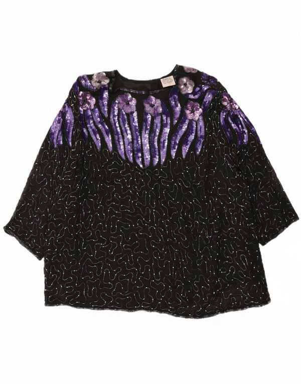 Vintage ženska večernja majica sa šljokicama 3/4 rukava EU 52 2XL crna cvjetna