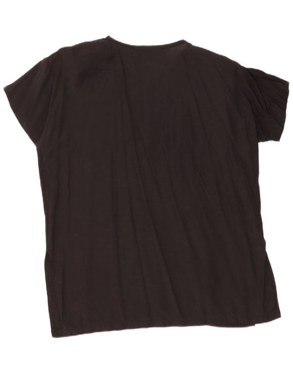 Vintage gornji dio ženske grafičke prevelike bluze UK 14 srednje crne cvjetne boje