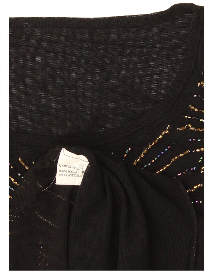 Vintage ženska majica dugih rukava UK 10 Mala crna cvjetna viskoza