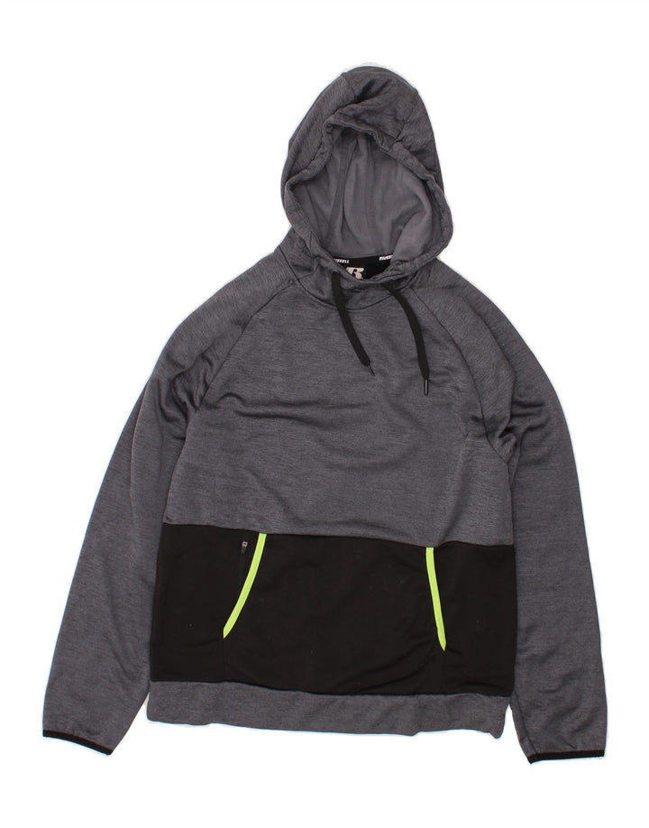 RUSSELL ATHLETIC Mens Hoodie Jumper Medium Grey Colourblock Polyester Vintage Russell Athletic and Second-Hand Russell Athletic from Messina Hembry 