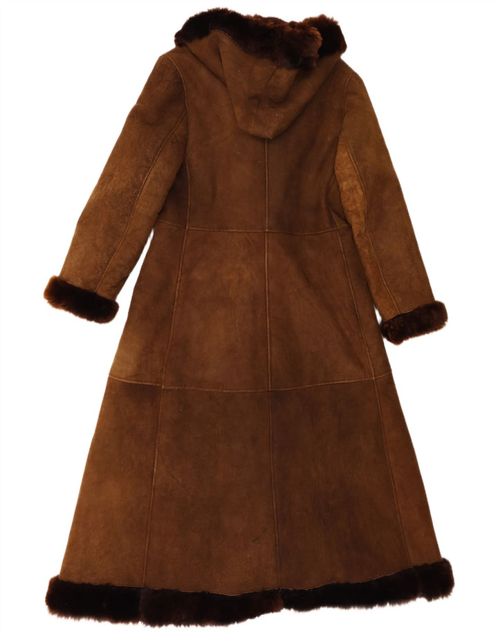 Vintage ženski kaput od striženih šiša s kapuljačom UK 8 Small Brown