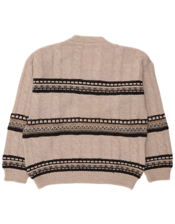 VINTAGE Mens V-Neck Jumper Sweater Large Grey Striped Wool