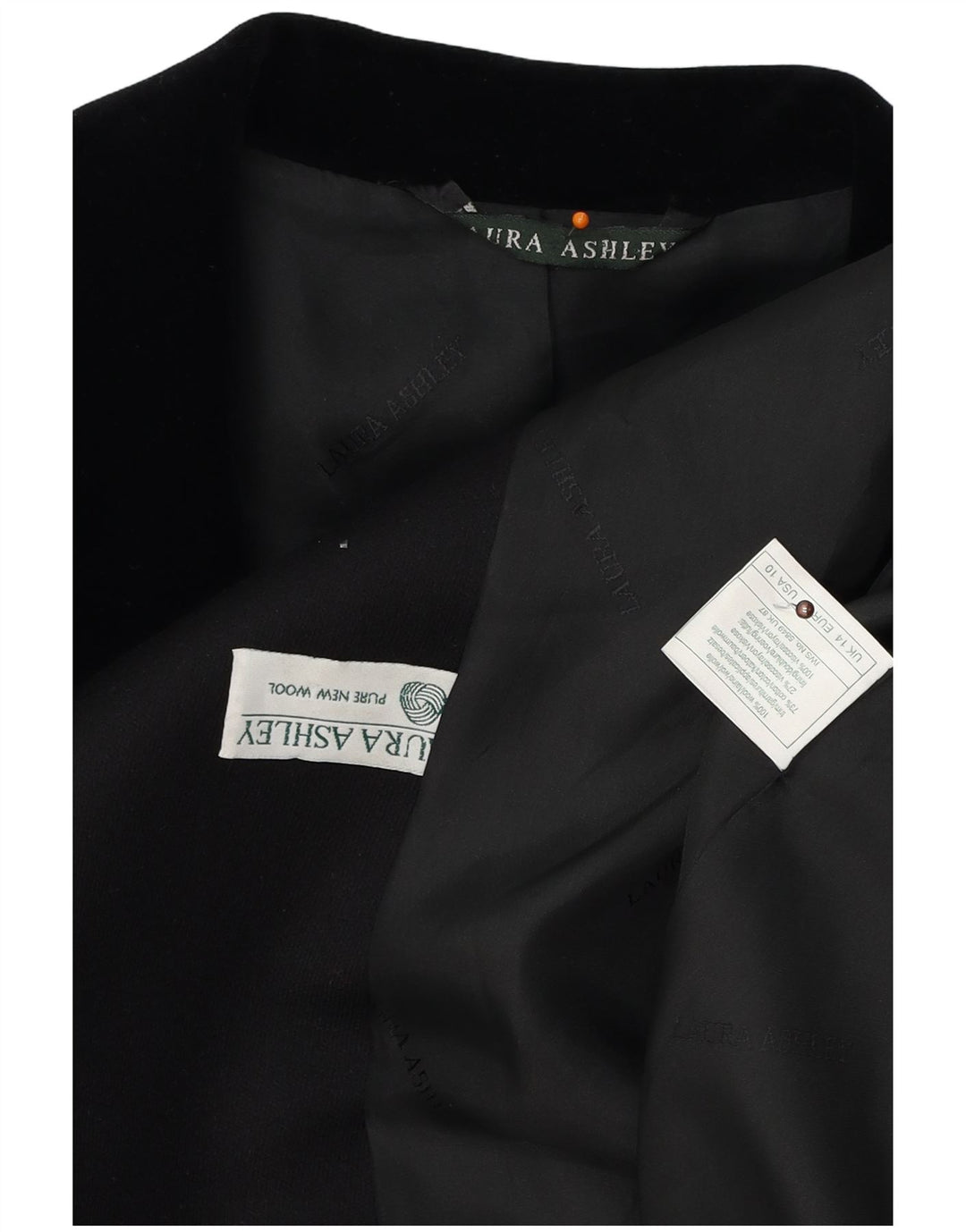 LAURA ASHLEY Ženska duga jakna s 4 gumba UK 14 Velika crna vunena