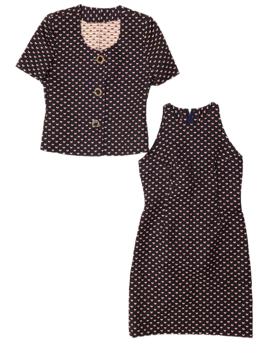 VINTAGE ženski set od 2 komada s 3 gumba UK 12 Srednje mornarsko plava točkasta