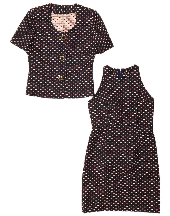 VINTAGE ženski set od 2 komada s 3 gumba UK 12 Srednje mornarsko plava točkasta