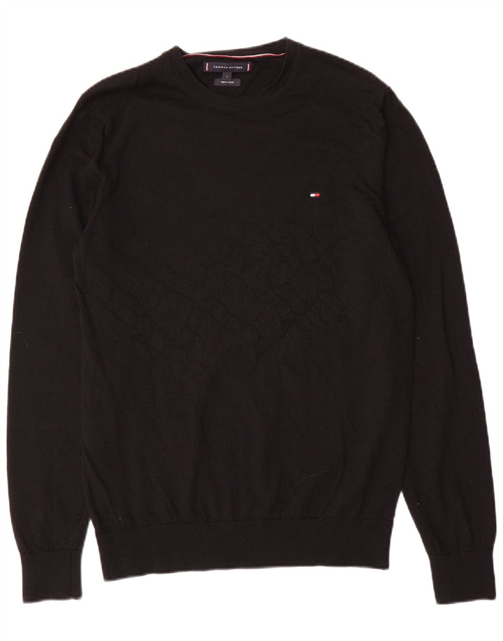 Veliki crni vuneni muški džemper s okruglim izrezom Tommy Hilfiger