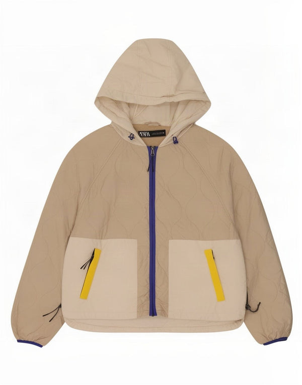 Zara Womens Hooded Quilted Jacket UK 16 Large Beige Colourblock Polyester
