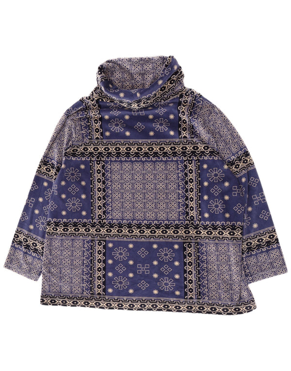 Vintage ženska majica s dugim rukavima od samta, UK 20 2XL, plavi pamuk s cvjetnim uzorkom