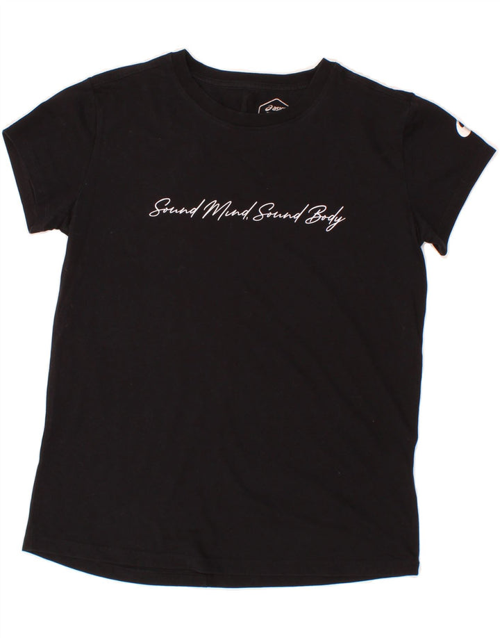 ASICS Womens Graphic T-Shirt Top UK 12 Medium Black Cotton Vintage Asics and Second-Hand Asics from Messina Hembry 