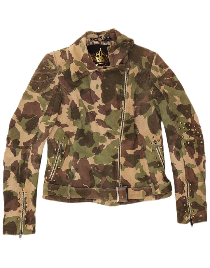 Vintage ženska biciklistička jakna od brušene kože UK 16, velika zelena kamuflažna koža