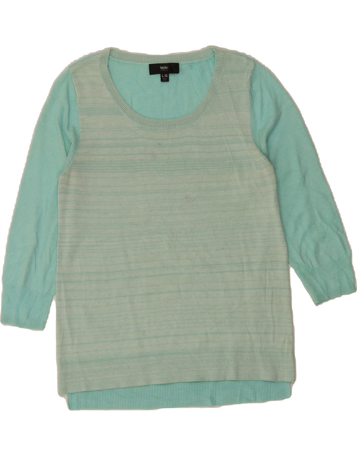 MOSSIMO Womens Crew Neck Jumper Sweater UK 14 Large Turquoise Striped Vintage Mossimo and Second-Hand Mossimo from Messina Hembry 