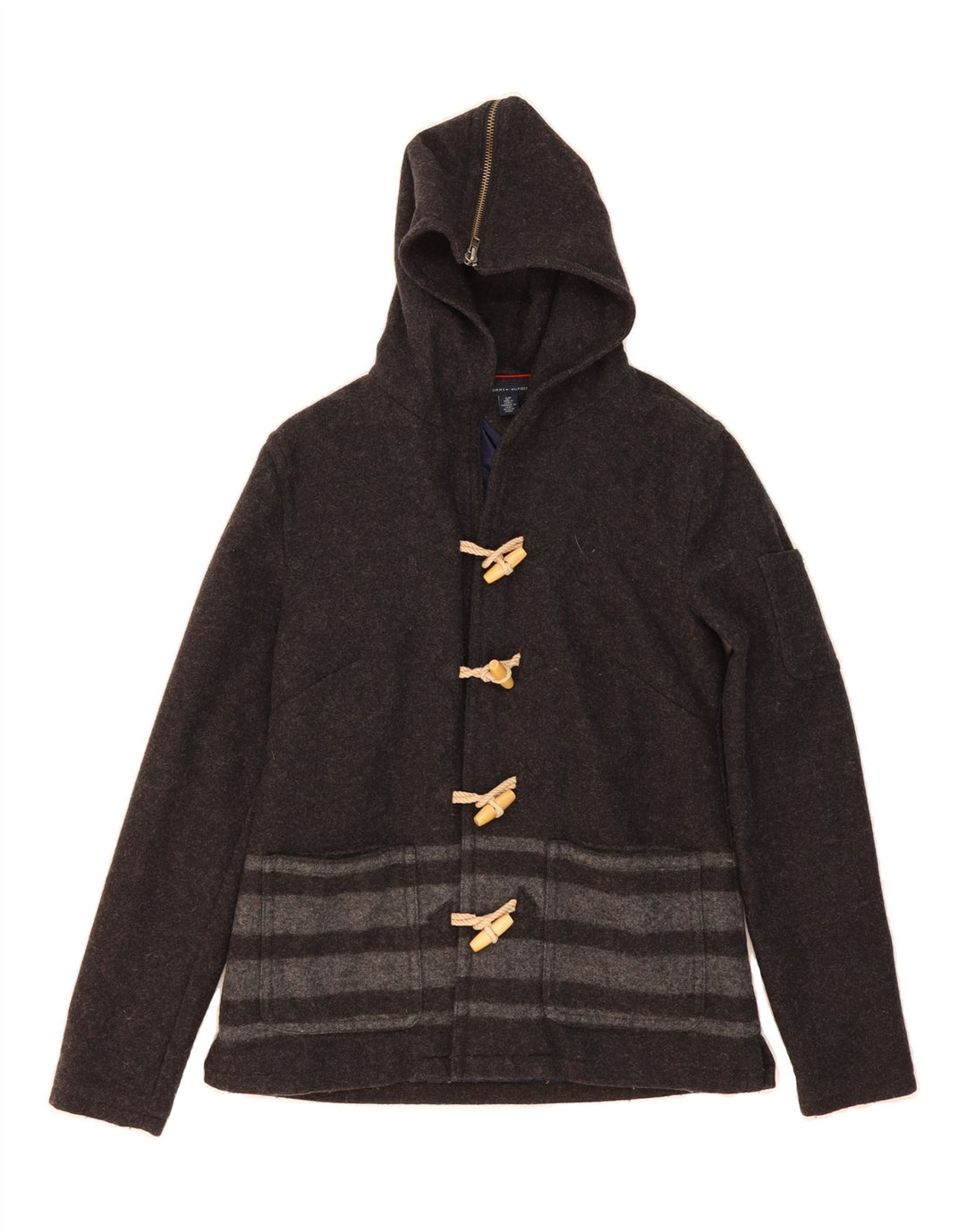TOMMY HILFIGER Womens Hooded Duffle Jacket UK 10 Small Grey Striped Wool Vintage Tommy Hilfiger and Second-Hand Tommy Hilfiger from Messina Hembry 
