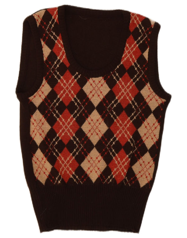 Vintage ženski prsluk bez rukava UK 10 Small Brown Argyle/Diamond