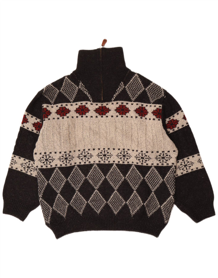 Vintage muški džemper s izrezom s patentnim zatvaračem IT 48 Srednje crni Argyle/Diamond