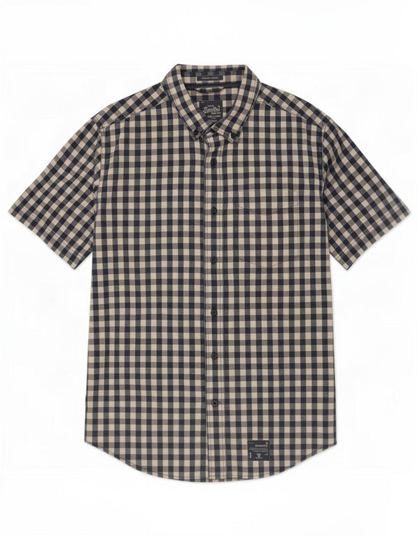 Superdry Mens Short Sleeve Shirt Large Navy Blue Gingham Cotton
