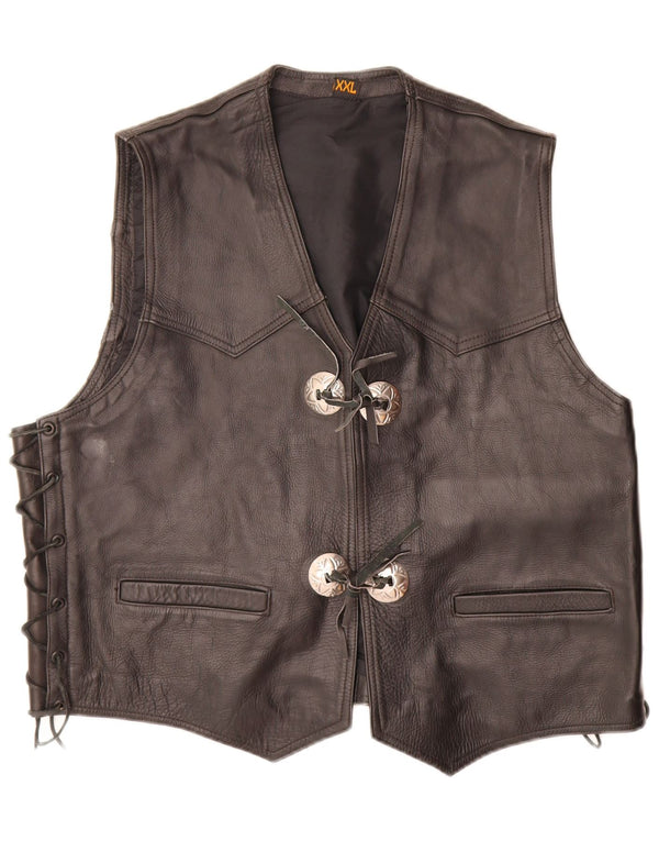 Vintage Womens Leather Waistcoat UK 20 2XL Black