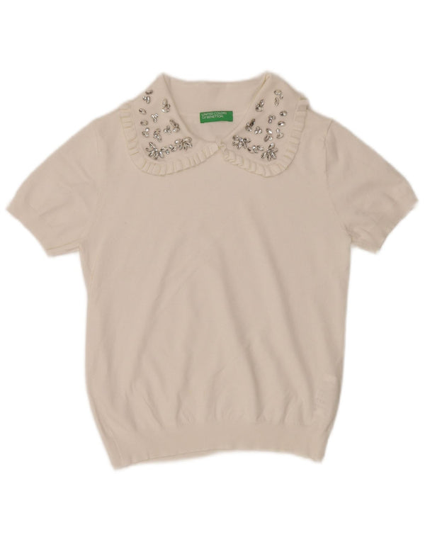 Benetton Womens Short Sleeve Polo Neck Jumper Sweater UK 6 XS White Cotton