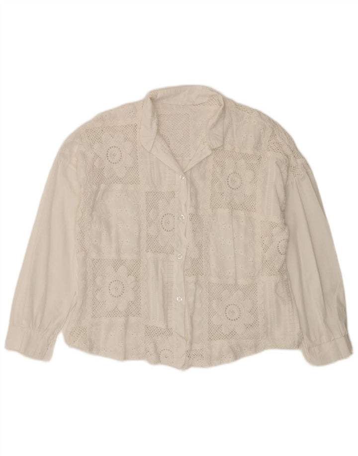 VINTAGE Ženska košulja bluza 3/4 rukava UK 14 Srednje bijeli cvjetni pamuk