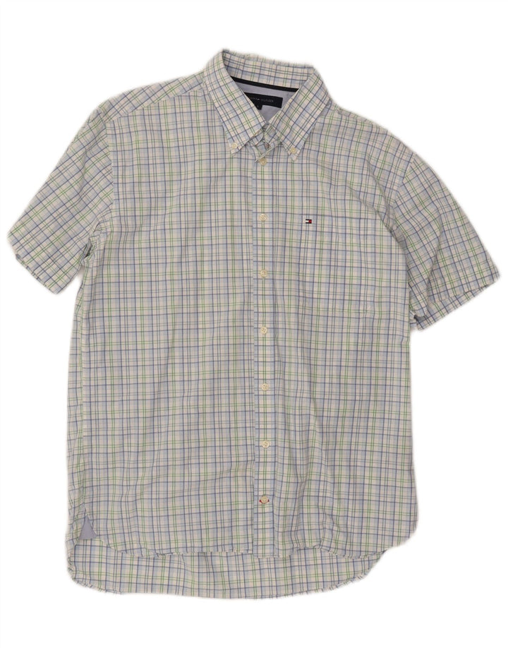 TOMMY HILFIGER Mens Short Sleeve Shirt Large Blue Check Cotton