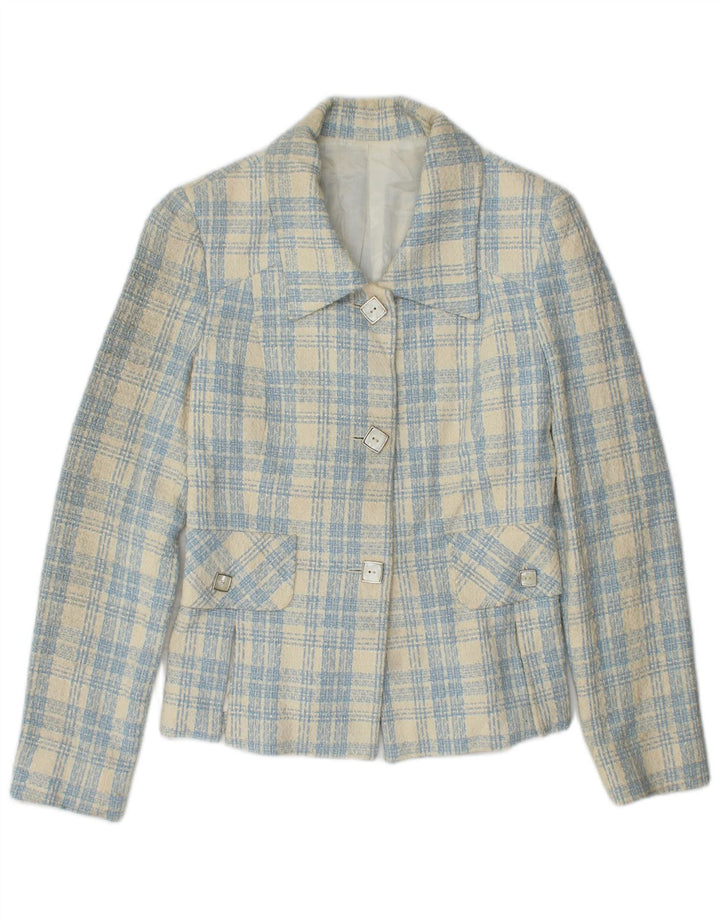 Vintage ženski sako s 3 gumba IT 42 Srednje plavi karirani pamuk