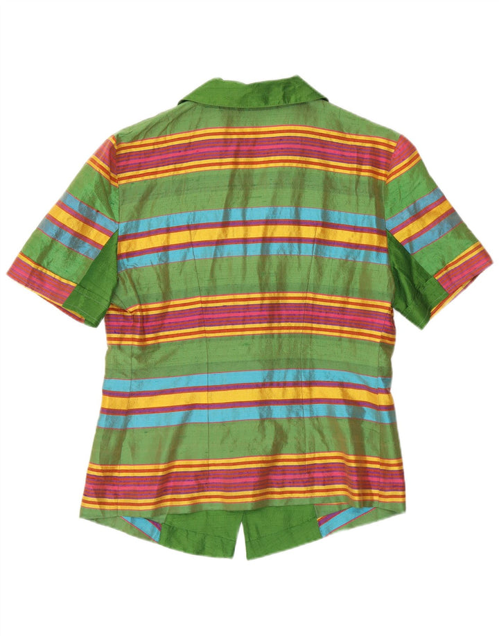 VINTAGE ženski kardigan kratkih rukava UK 12 Retro srednje zelene pruge