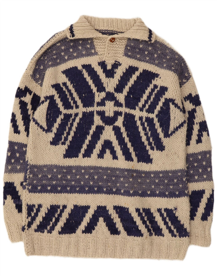Vintage muški džemper s polo ovratnikom srednje bijele boje, geometrijski