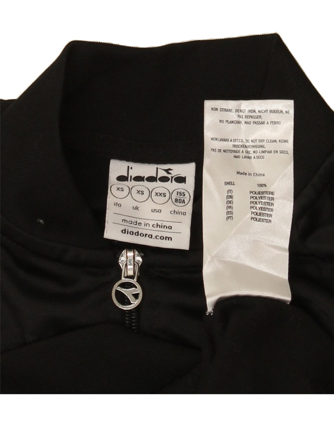 DIADORA Womens Graphic Tracksuit Top Jacket UK 6 XS Black Polyester Vintage Diadora and Second-Hand Diadora from Messina Hembry 
