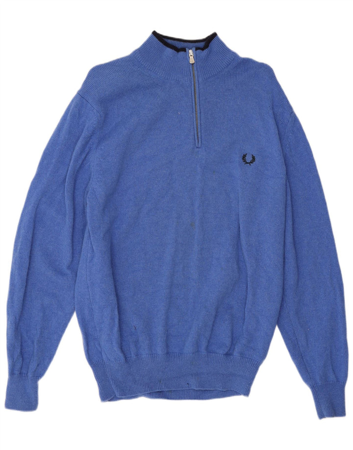 Srednje plavi vuneni muški džemper s izrezom i patentnim zatvaračem Fred Perry