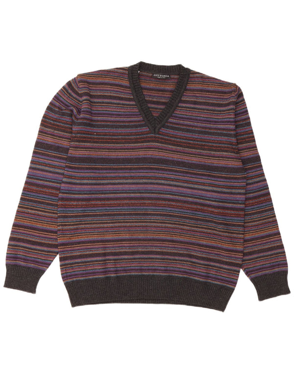 VINTAGE Mens V-Neck Jumper Sweater IT 52 Large Multicoloured Striped Wool