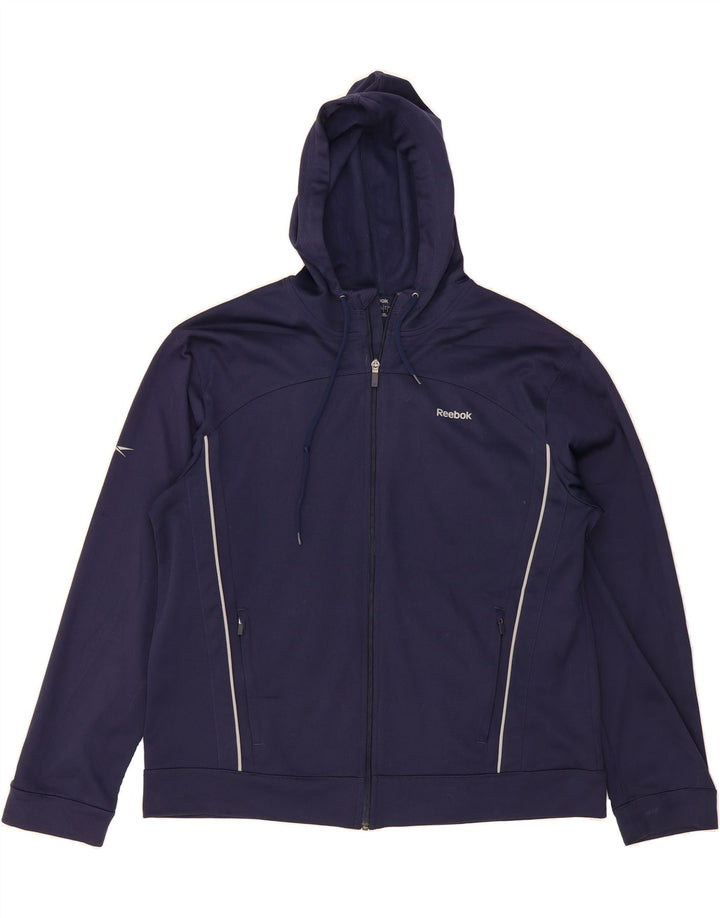 REEBOK Womens Hooded Tracksuit Top Jacket UK 16 Large Navy Blue Polyester Vintage Reebok and Second-Hand Reebok from Messina Hembry 