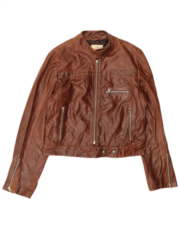 VINTAGE Womens Crop Leather Jacket IT 46 Large Brown Leather