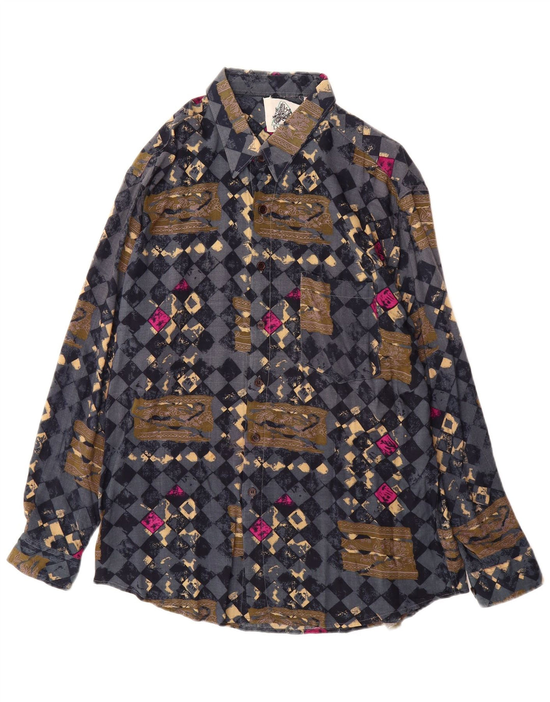 VINTAGE Mens Shirt Large Navy Blue Geometric Viscose