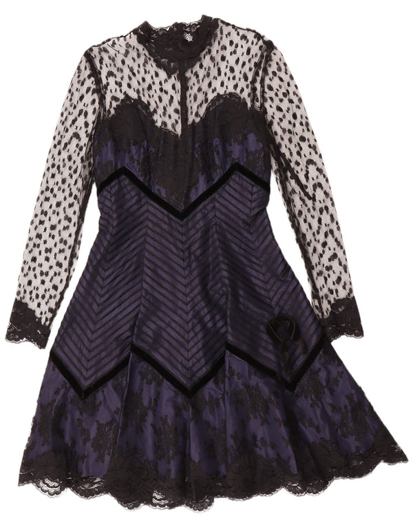 Vintage ženska haljina A-kroja dugih rukava UK 10 Mala tamnoplava cvjetna gotika