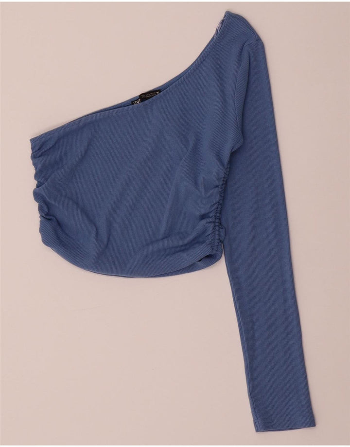 ZARA Womens Crop One Shoulder Top UK 14 Large Blue Cotton Vintage Zara and Second-Hand Zara from Messina Hembry 